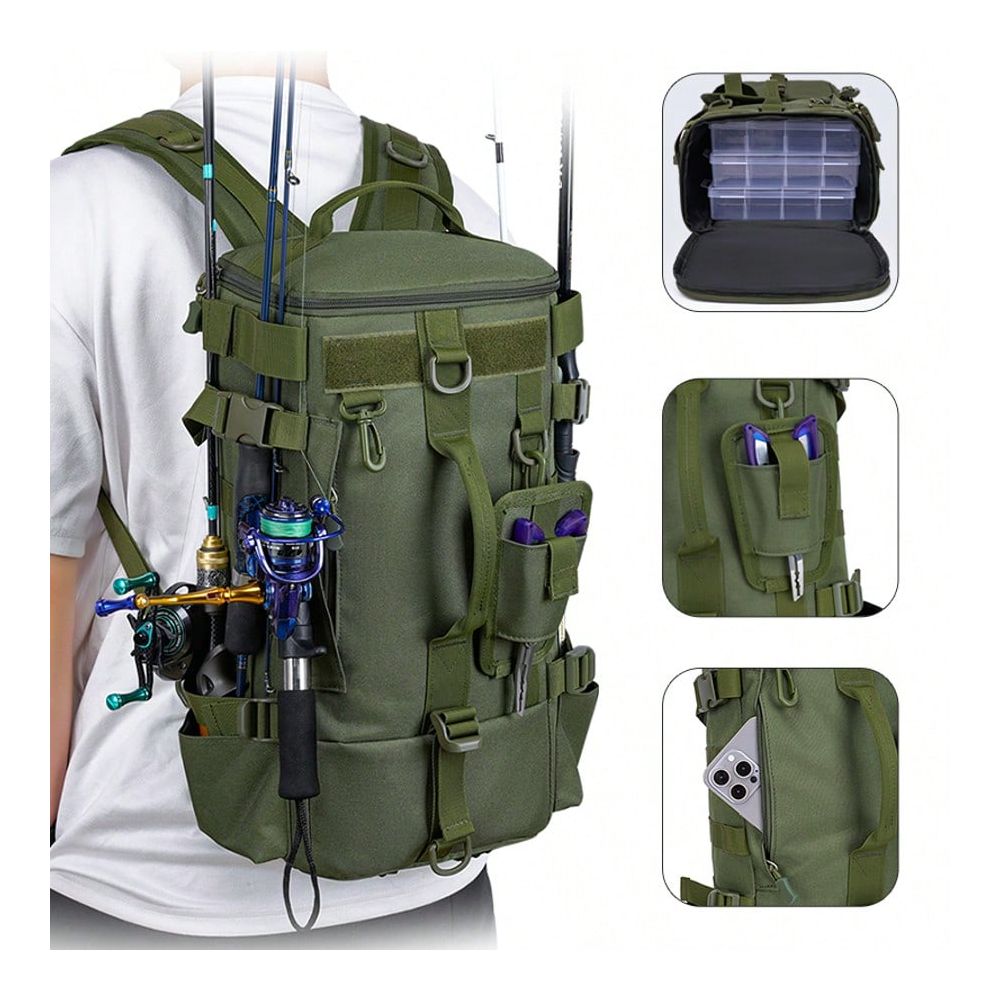 Outdoor Hunting Gear Storage - メンズ釣り用バックパック、ツールボックス収納付きワンショルダー釣り道具バッグ、男女兼用釣り道具・アクセサリー収納バッグ、多機能アウトドアバックパック、釣り、ハイキング、キャンプ、ハンティング、旅行に最適、軽量クロスボディ釣りバッグ